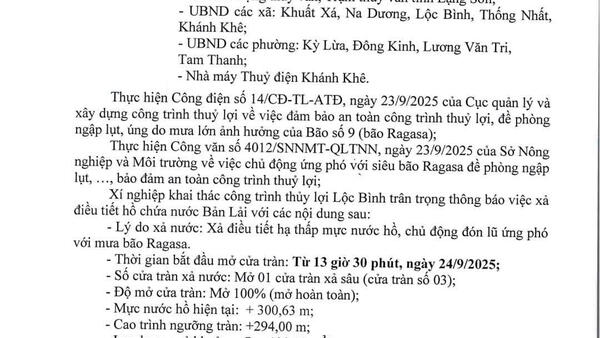 Thông báo xả điều tiết hồ chứa Bản Lải